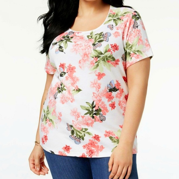 Karen Scott Tops - Karen Scott Floral Butterfly Print Scoop Neck Top